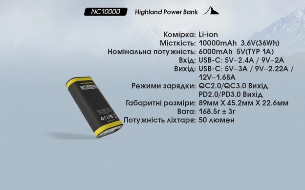 2в1 - Power Bank + фонарь Nitecore NC10000 (20w, QC 3.0, 10000mAh)