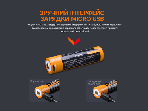 Аккумулятор 18650 Fenix (3400 mAh) micro usb зарядка