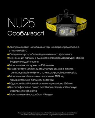 Налобний ліхтар Nitecore NU25 NEW Black 400 lm